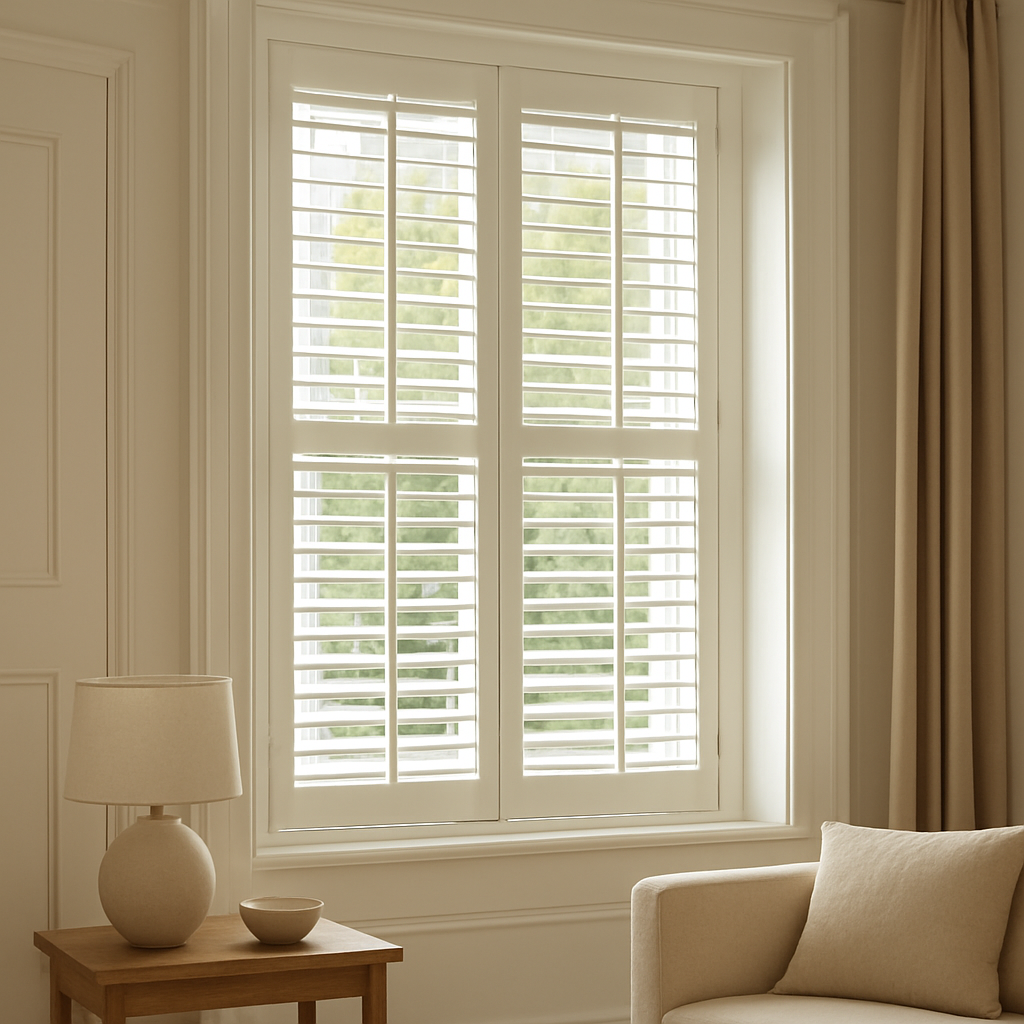 Made-to-measure white wooden plantation shutters on a London sash window