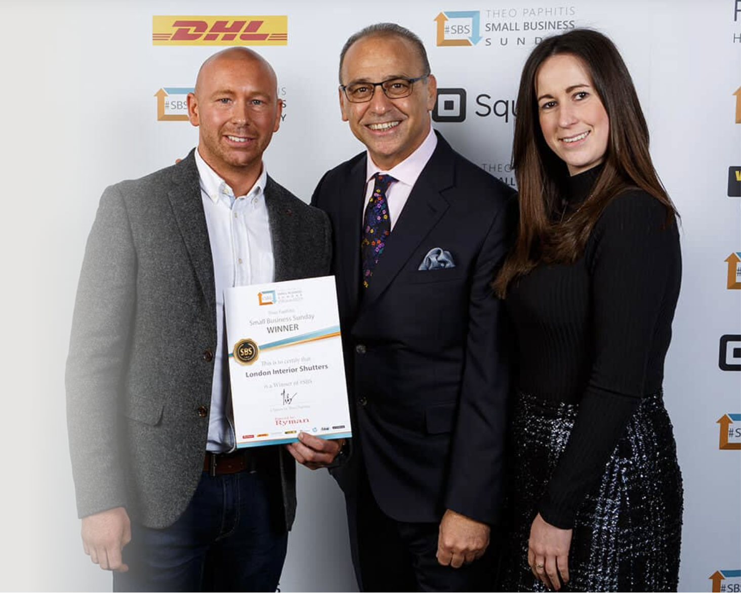 Dan and Hayley, founders of London Interior Shutters, receiving their Small Business Sunday award